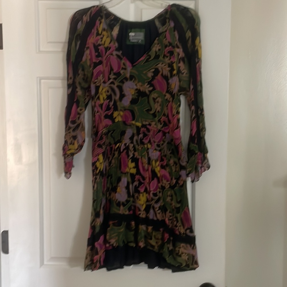 Anthropologie Genevieve Lace Mini Dress black long sleeve floral gauze S SP - Picture 5 of 11